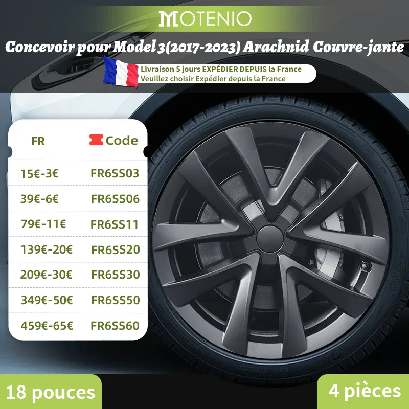 Lot de 4 enjoliveurs Arachnid pour Tesla Model 3 18 pouces