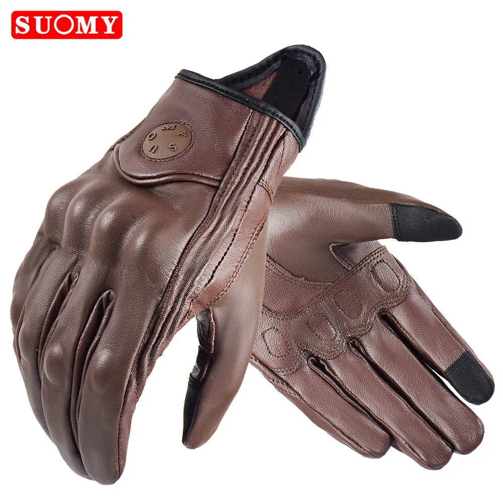 Gants de moto rétro en cuir de chèvre tactiles