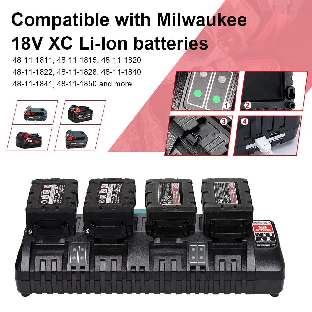 Chargeur de batterie Beytvyow 18V 4 ports pour Milwaukee M18