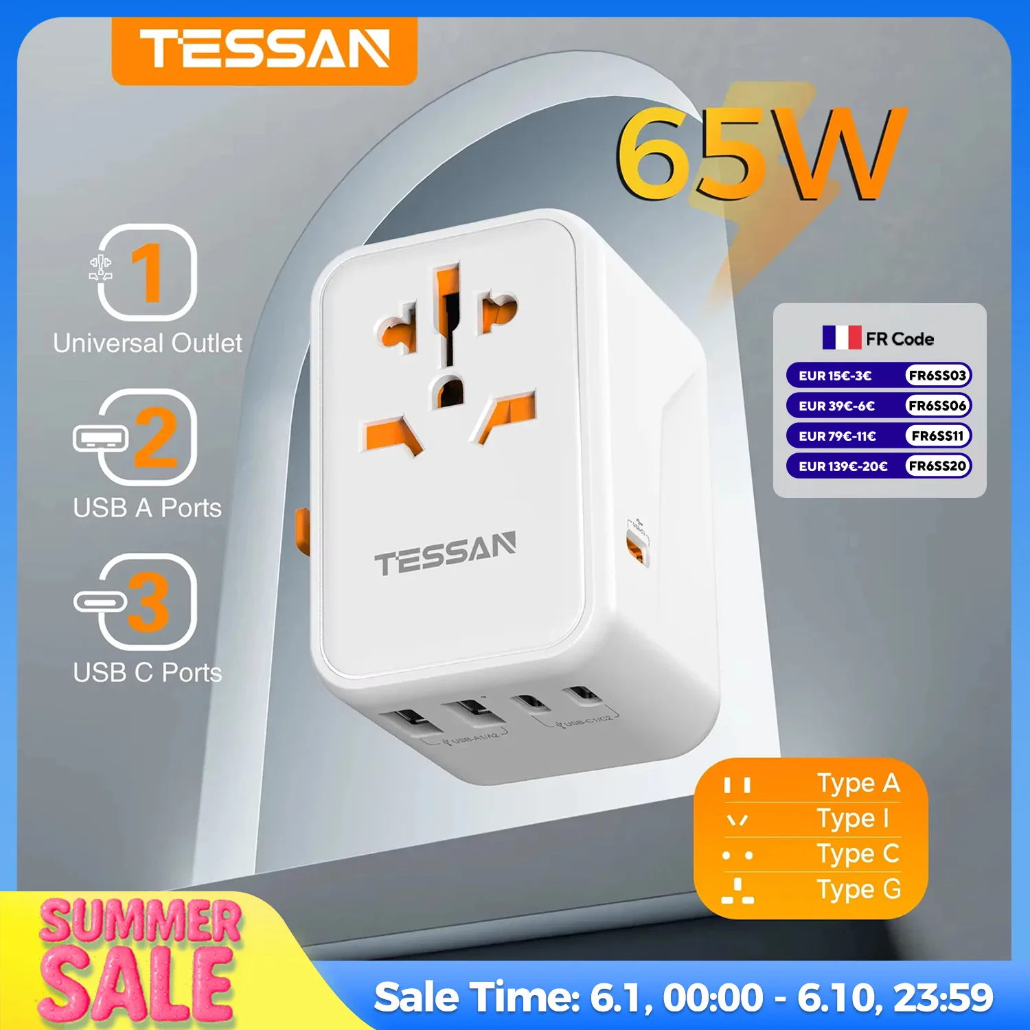 Adaptateur de voyage universel TESSAN 65W GaN USB-C