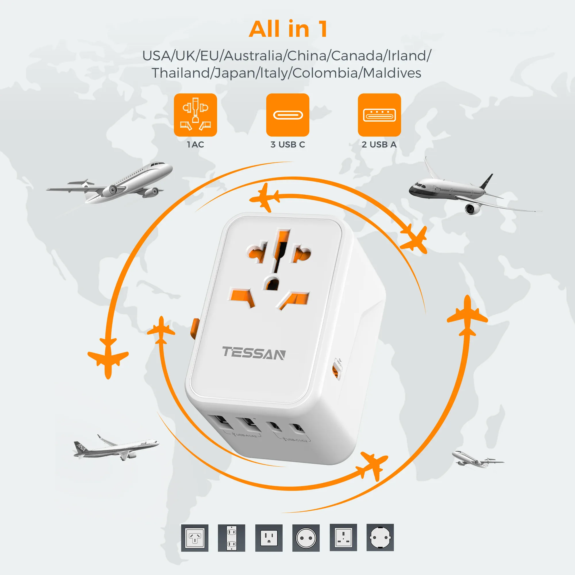 TESSAN 65W GaN adaptateur de voyage prise universelle avec