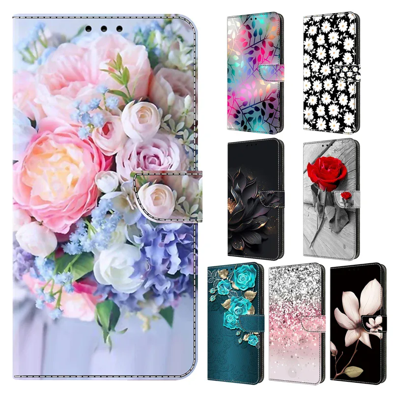 Étui portefeuille à rabat motif fleurs 3D pour téléphone